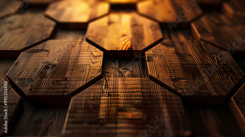 futuristic luxurious digital geometric technology hexagon Wood background. Generative AI.