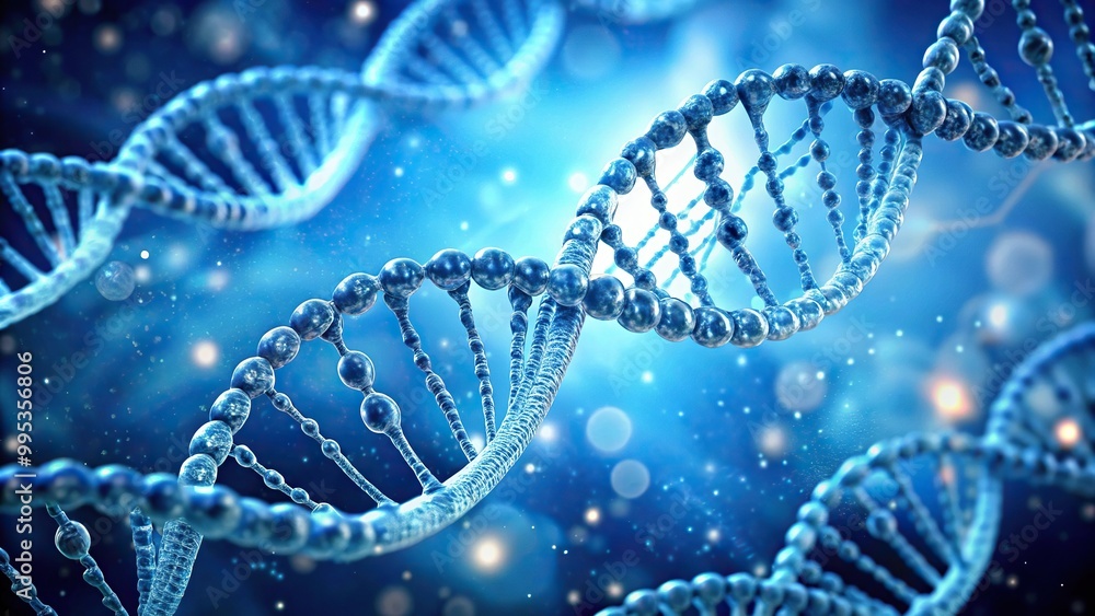 Fototapeta premium DNA genetics electron microscopy on blue background with depth of field