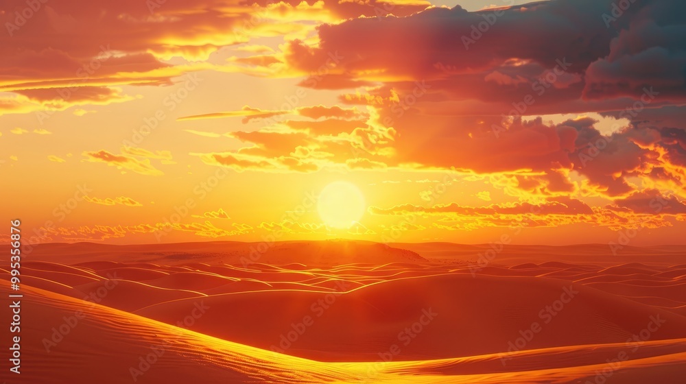 A golden sunrise over a desert landscape with sand dunes illuminated by the rising sun. A golden sunrise over a desert landscape with sand dunes illuminated by the rising sun.