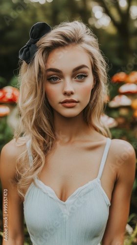 Young female model, dressed like Alice from Alice in wonderland. Wearing a blue dress with a white apron. In mystical forest surrounded by giant mushrooms. Fairytale. Magical. Whimsical. Dramatic.
