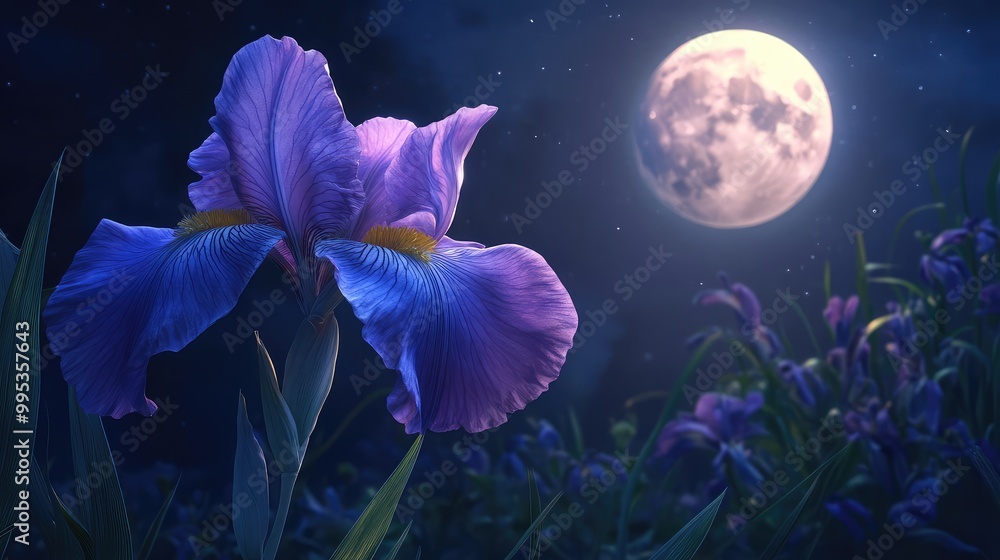 Obraz premium An iris in full bloom, its petals illuminated softly by the moon, creating a serene and mysterious atmosphere