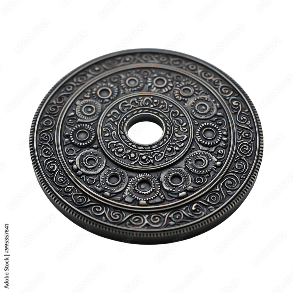Fototapeta premium A close-up image of a silver coin with a central hole and intricate design, isolated on a black background.