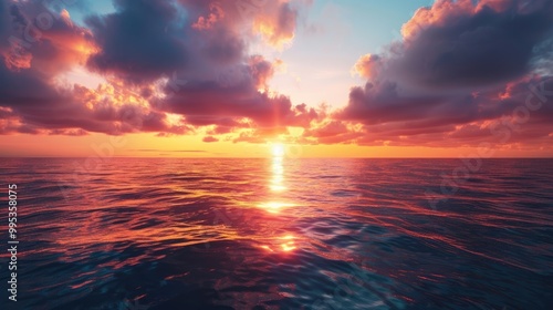 A mesmerizing sunrise over a calm ocean with the sky ablaze in shades of orange and pink.