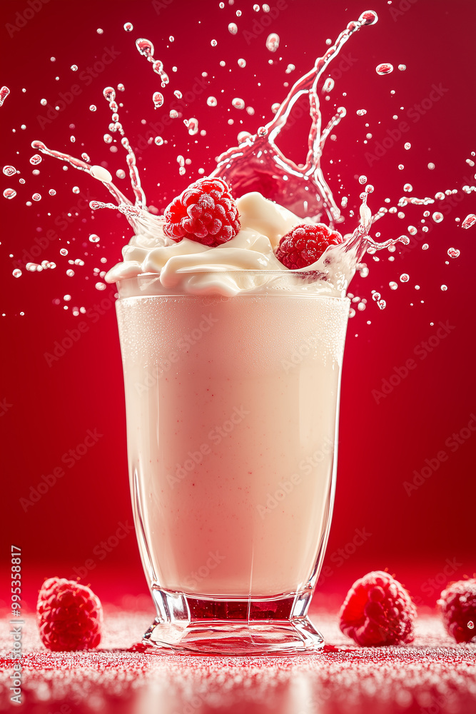 Creative food template. Topping fruit raspberry raspberries glass of milk milkshake yoghurt smoothie with liquid droplet splash splashing swirl on red background Creative food template. Topping fruit raspberry raspberries glass of milk milkshake yoghurt smoothie with liquid droplet splash splashing swirl on red background