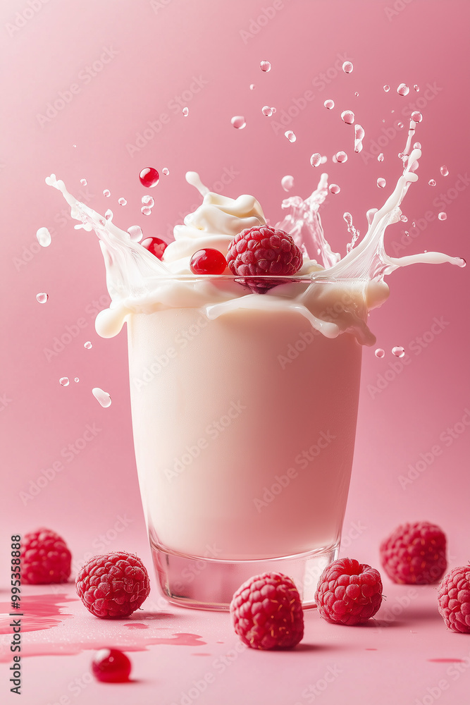 Creative food template. Topping fruit raspberry raspberries glass of milk milkshake yoghurt smoothie with liquid droplet splash splashing swirl on pink background