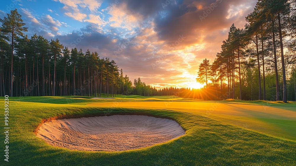 Fototapeta premium Scenic golf course at sunset, featuring lush greens and a serene sand bunker surrounded by tall trees.