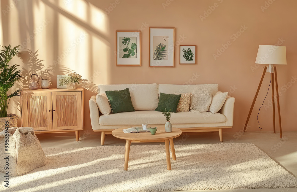 Eco-friendly living room with pastel beige walls, green accents, and wooden furniture. A white sofa, soft fluffy carpet, wooden cabinet, potted plants, bookshelves Eco-friendly living room with pastel beige walls, green accents, and wooden furniture. A white sofa, soft fluffy carpet, wooden cabinet, potted plants, bookshelves