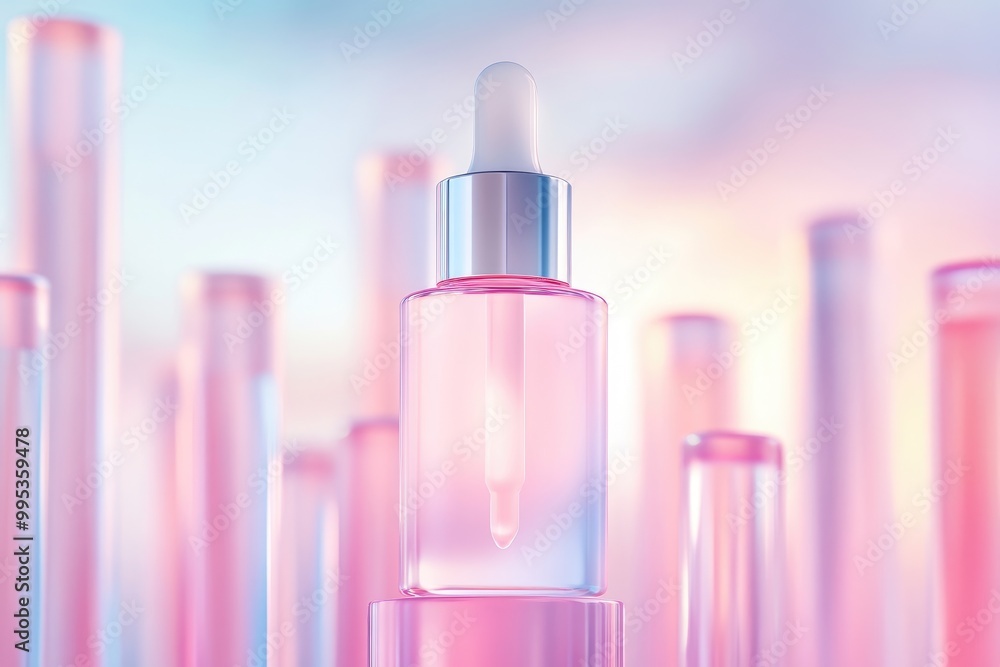 Glass Dropper Bottle with Pink Background and a Row of Cylinders Glass Dropper Bottle with Pink Background and a Row of Cylinders