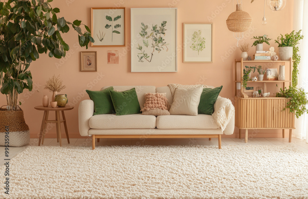 Obraz premium Eco-friendly living room with pastel beige walls, green accents, and wooden furniture. A white sofa, soft fluffy carpet, wooden cabinet, potted plants, bookshelves
