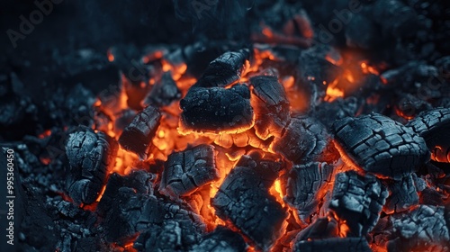 Glowing Embers of Fire, Close-Up View of Burning Coals, Fiery Texture