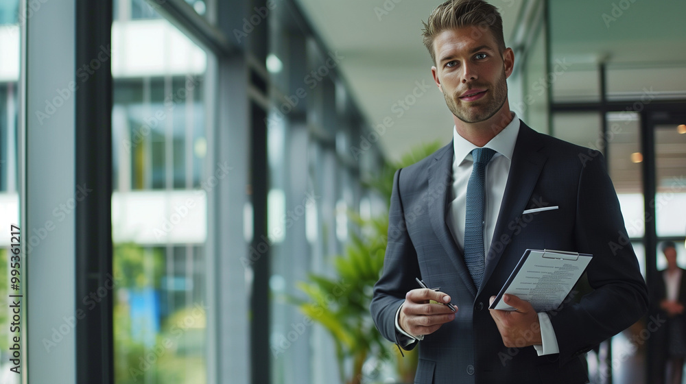 Fototapeta premium Confident businessman in modern office holding notepad with financial tips, exuding success and prosperity in professional environment.
