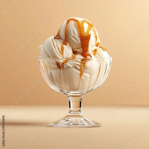 A delectable serving of vanilla ice cream topped with rich caramel sauce in an elegant glass bowl against a warm background.
