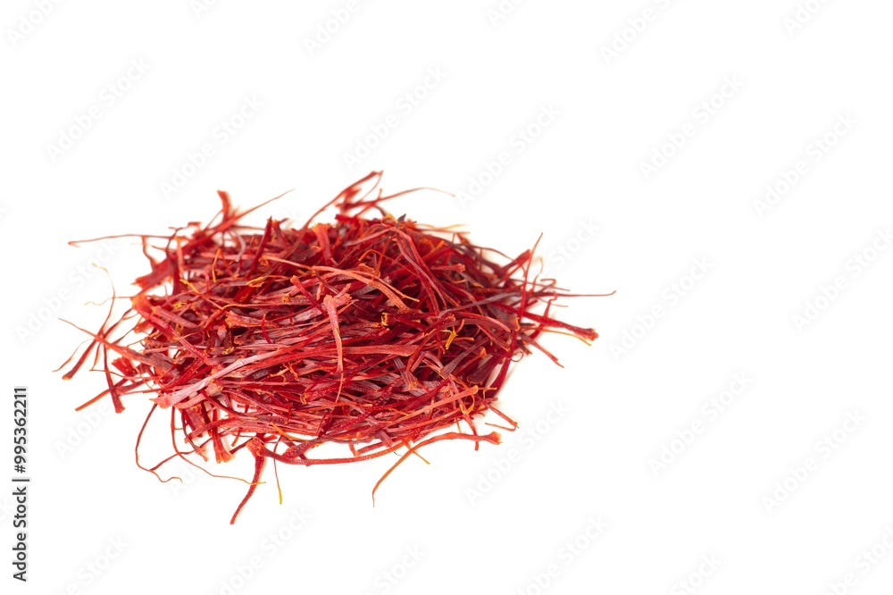 Naklejka premium Closeup of Organic Saffron or Kesar Heap Isolated on White Background with Copy Space