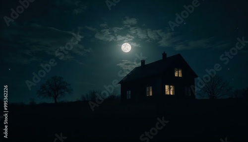 Old House Silhouette with Lit Windows Under Full Moon: Spooky Night Scene