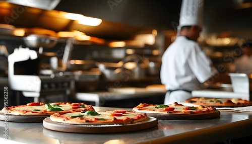 Vibrant kitchen scene featuring chefs crafting delicious pizza in a bustling restaurant atmosphere