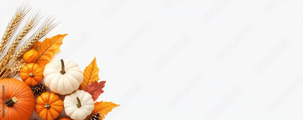 A vibrant autumn arrangement featuring colorful pumpkins, leaves, and wheat, ideal for seasonal decoration and harvest celebrations. A vibrant autumn arrangement featuring colorful pumpkins, leaves, and wheat, ideal for seasonal decoration and harvest celebrations.