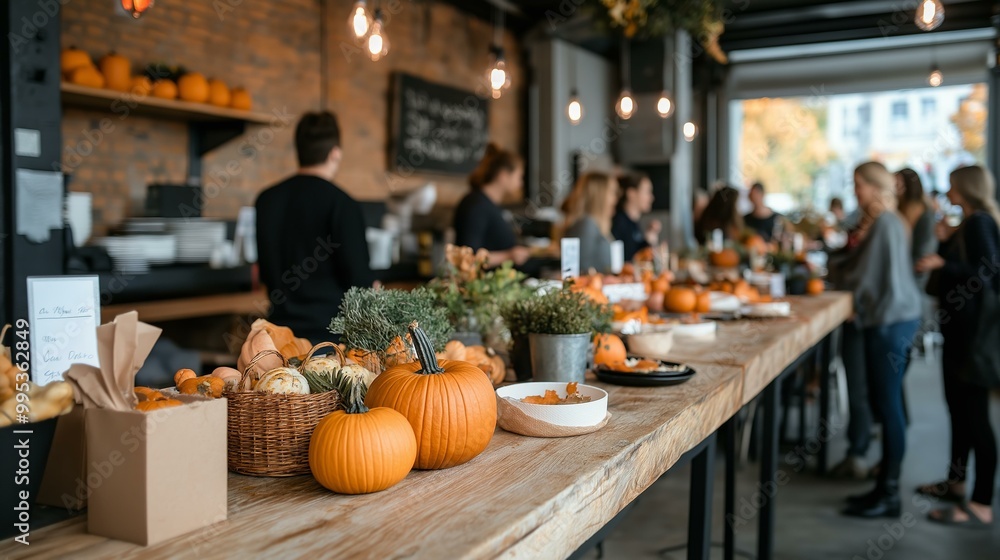 Cafe Counter Decorated with Pumpkins and Plants for Autumn: Festive Interior Cafe Counter Decorated with Pumpkins and Plants for Autumn: Festive Interior