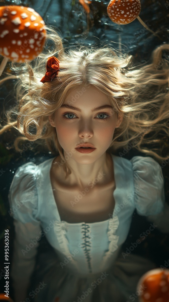 Young female model, dressed like Alice from Alice in wonderland. Wearing a blue dress with a white apron. In mystical forest surrounded by giant mushrooms. Fairytale. Magical. Whimsical. Dramatic. Young female model, dressed like Alice from Alice in wonderland. Wearing a blue dress with a white apron. In mystical forest surrounded by giant mushrooms. Fairytale. Magical. Whimsical. Dramatic.
