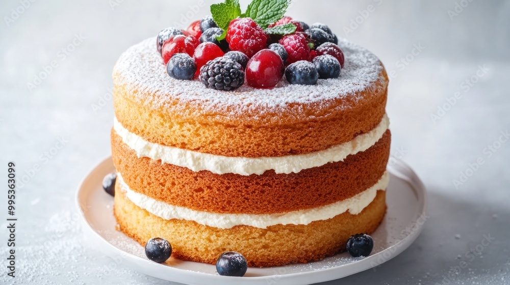 A delicious layered cake topped with fresh berries and mint, perfect for celebrations. A delicious layered cake topped with fresh berries and mint, perfect for celebrations.