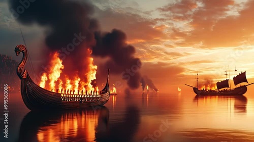 Burning Viking Ships at Sunset