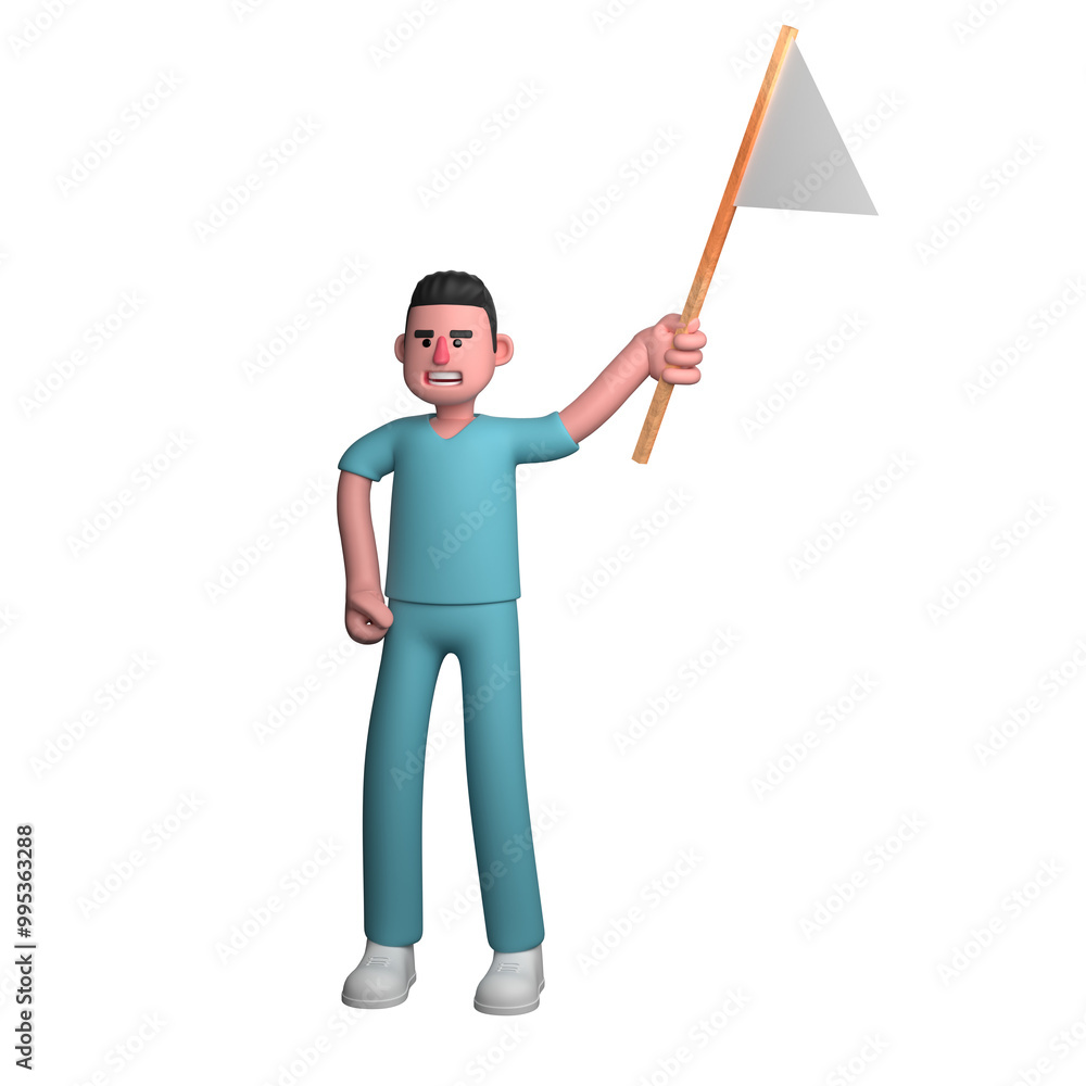 Healthcare 3D Cartoon. A male nurse is seen standing while holding a white triangular flag with his left hand, symbolizing peace. Male Nurse Healthcare 3D Cartoon. A male nurse is seen standing while holding a white triangular flag with his left hand, symbolizing peace. Male Nurse