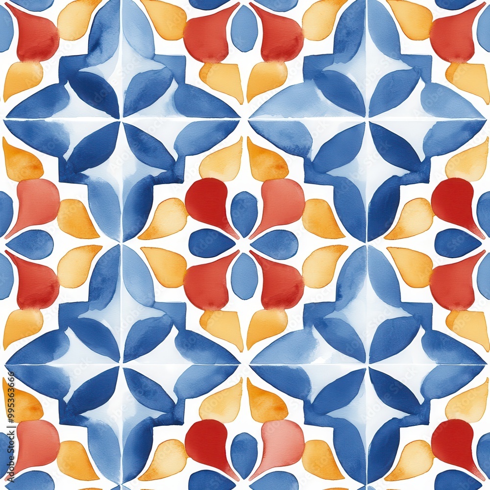 A vibrant, symmetrical tile pattern featuring blue, red, and orange floral designs, ideal for decoration or art inspiration. A vibrant, symmetrical tile pattern featuring blue, red, and orange floral designs, ideal for decoration or art inspiration.