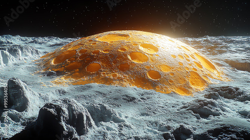 A surreal depiction of a cheese-like moon on a rocky lunar surface under a starry sky.