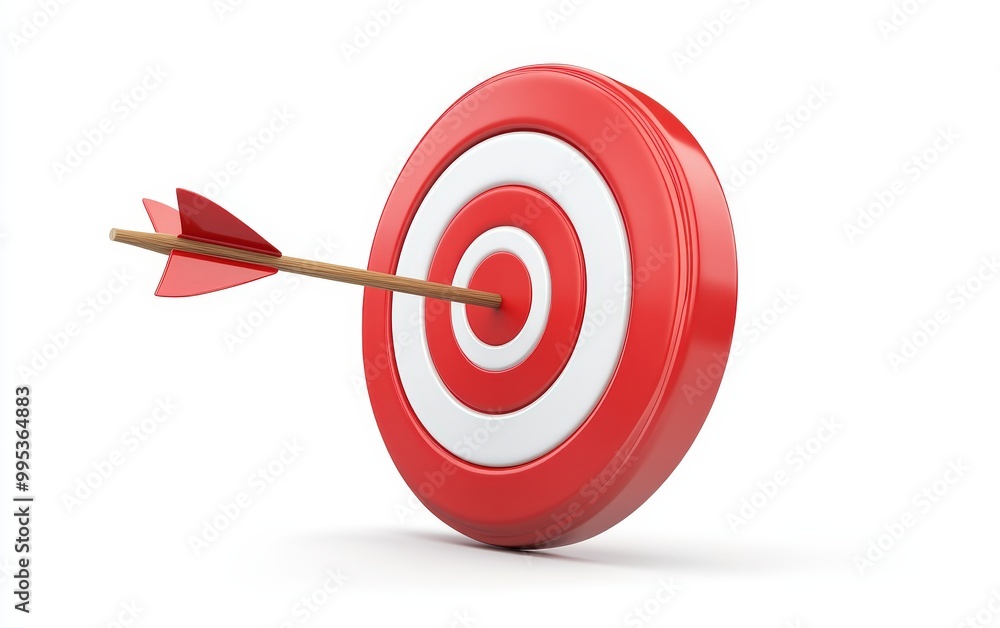White arrow hit the center of the red target 3d icon cartoon style floating isolated on white background White arrow hit the center of the red target 3d icon cartoon style floating isolated on white background