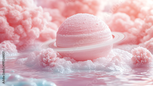 A whimsical illustration of a pink planet resembling ice cream surrounded by fluffy clouds and a dreamy atmosphere.