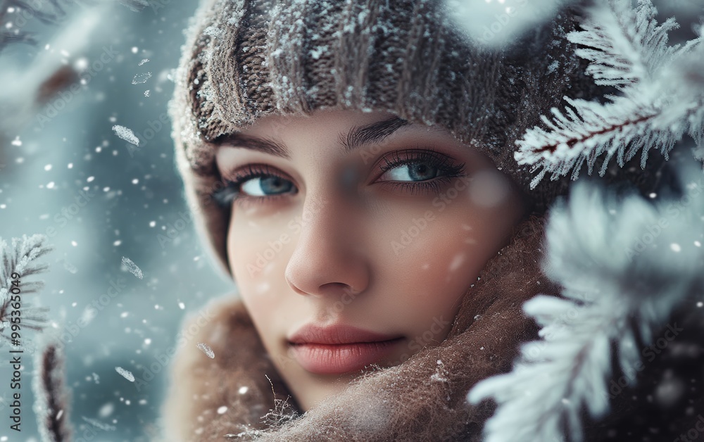 Winter with woman in woolen hat. Woman in winter.