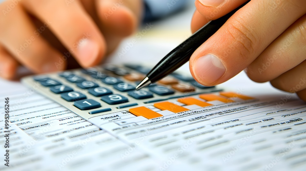 Close-up of a hand using a calculator and pen on a financial document Close-up of a hand using a calculator and pen on a financial document