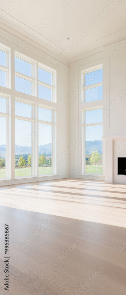 Obraz premium A large, empty room with a fireplace and large windows