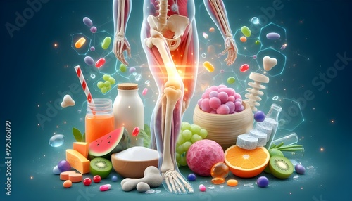 healthy bone human with Foods vitamin or Calcium, and Collagen, Medical food concept background 3d illustration.