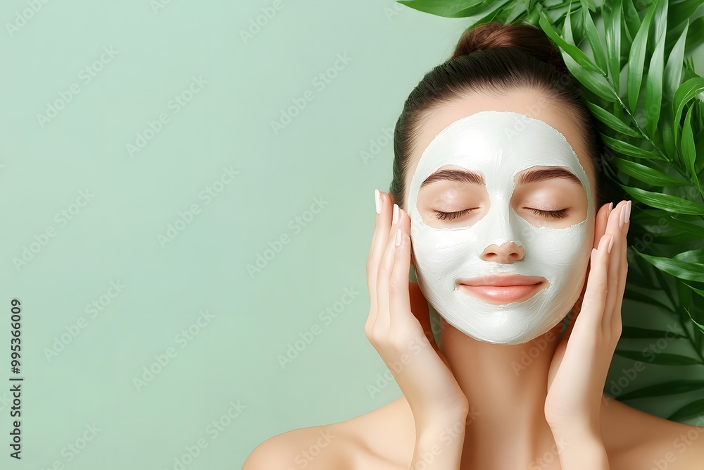 A woman enjoys a green face mask, relaxing with a serene expression surrounded by leaves, highlighting skincare and beauty. A woman enjoys a green face mask, relaxing with a serene expression surrounded by leaves, highlighting skincare and beauty.