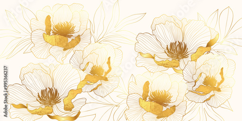 Luxury golden peony flower line art on beige background vector. Natural botanical elegant flower with gold foil texture. Design illustration for decoration, wall decor, wallpaper, cover, banner.