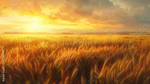 Golden wheat field at sunset with a dramatic sky. Abstract artwork of golden rive field or wheat field landscape or farm in harvest season at sunset. Landscape photo. Farming and harvesting. AIG51.