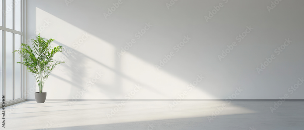 A large empty room with a potted plant in the corner A large empty room with a potted plant in the corner