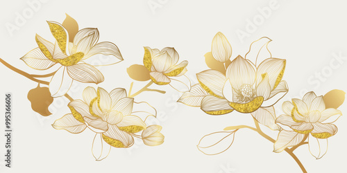 Luxury golden peony flower line art on beige background vector. Natural botanical elegant flower with gold foil texture. Design illustration for decoration, wall decor, wallpaper, cover, banner.