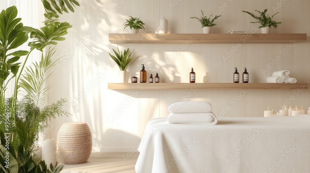 Fototapeta premium Minimalist Spa Interior Design with Natural Elements and Wooden Shelves