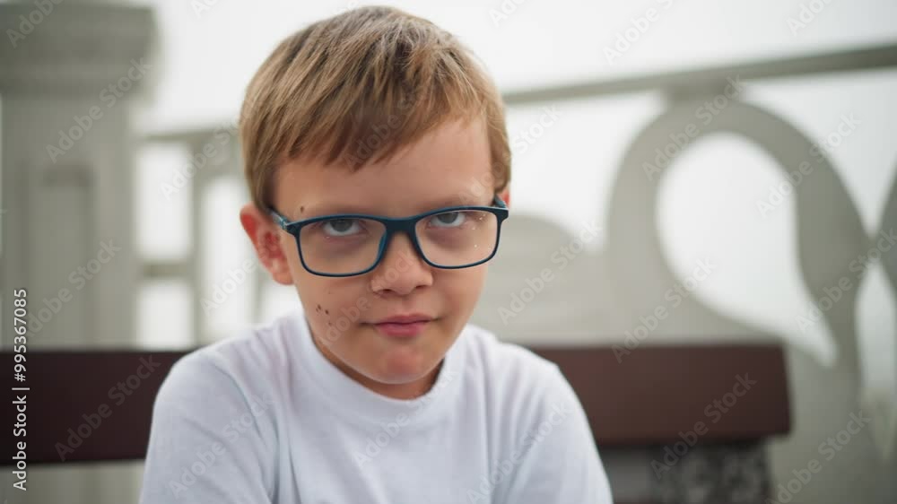 A little boy wearing glasses sits alone with a serious expression, appearing to hold back a smile as he adjust on the chair A little boy wearing glasses sits alone with a serious expression, appearing to hold back a smile as he adjust on the chair