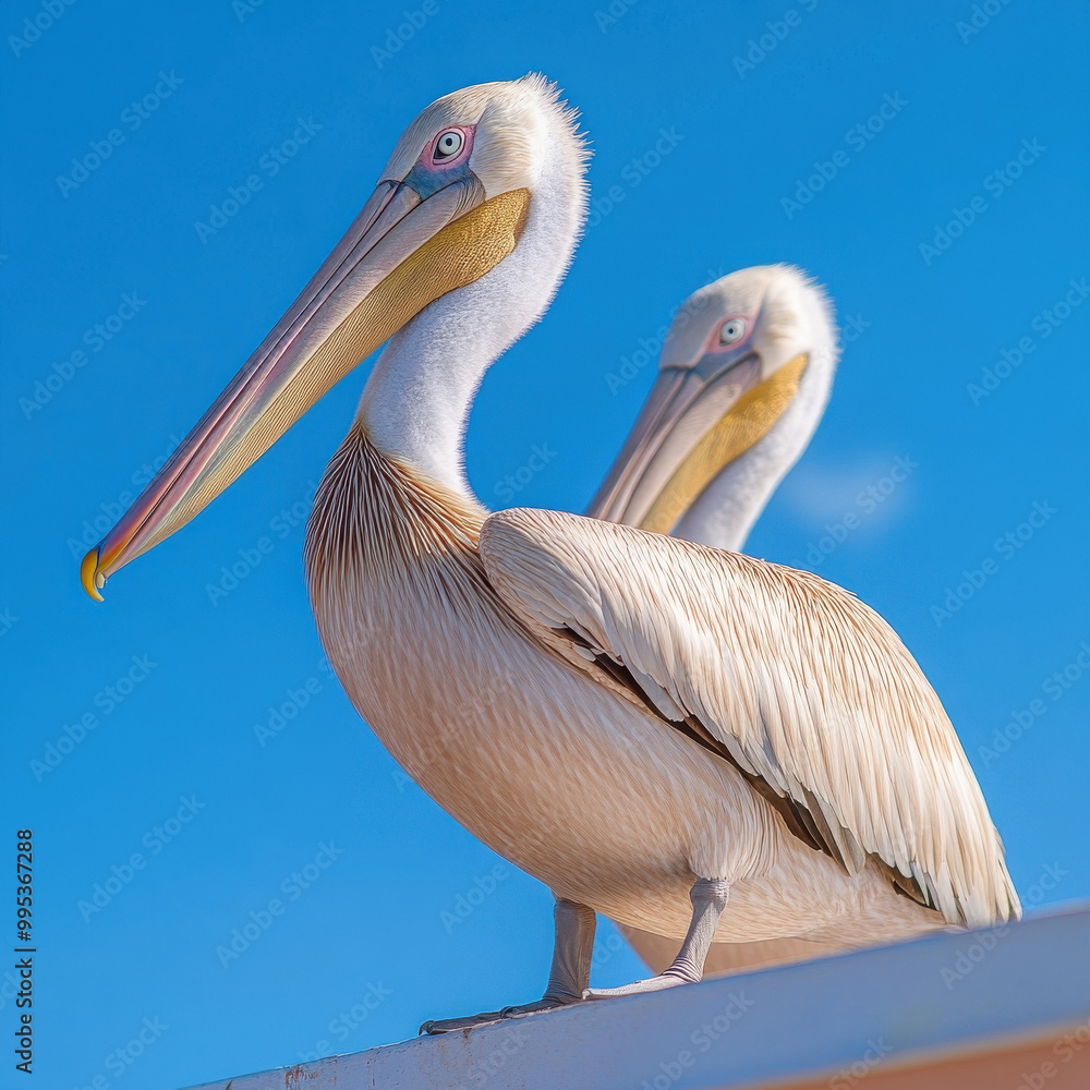 Two pelicans are standing on a ledge, one of which is looking at the camera Two pelicans are standing on a ledge, one of which is looking at the camera