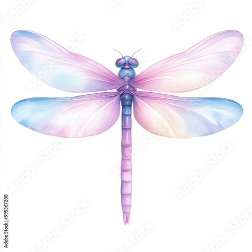 A colorful dragonfly with blue, pink and purple wings