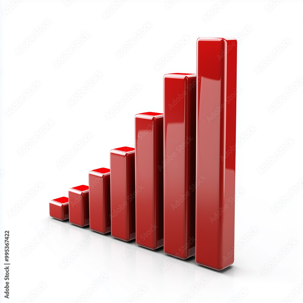 Red rising bar graph represented in 3D graphics. Rising from left to right. Isolated on white background. Rising, growth, success, increase, statistics, data, economy, chart, stock. Red rising bar graph represented in 3D graphics. Rising from left to right. Isolated on white background. Rising, growth, success, increase, statistics, data, economy, chart, stock.