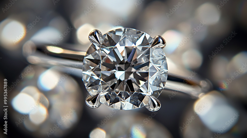 Sparkling diamond engagement ring close-up against a blurred background of shimmering lights Sparkling diamond engagement ring close-up against a blurred background of shimmering lights
