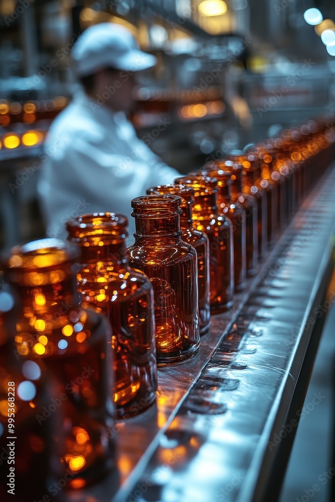 Worker in white uniform turning brown glass bottles on production line in medicine factory, focus on rows of small jars filled with dark red liquid, high-speed photography
Worker in white uniform turning brown glass bottles on production line in medicine factory, focus on rows of small jars filled with dark red liquid, high-speed photography