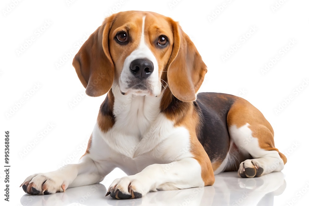 Beagle Dog on White Photo. Relaxing Beagle on White. Beagle Lying Down Close-Up. Cute Beagle Resting Image. Beagle Dog in Calm Pose.