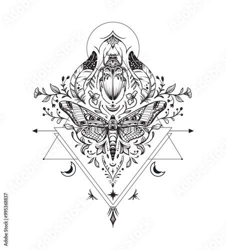Vector composition of black and white moth, plants, elements of astrology and sacred geometry isolated on white background. Mystical symbols and insects.