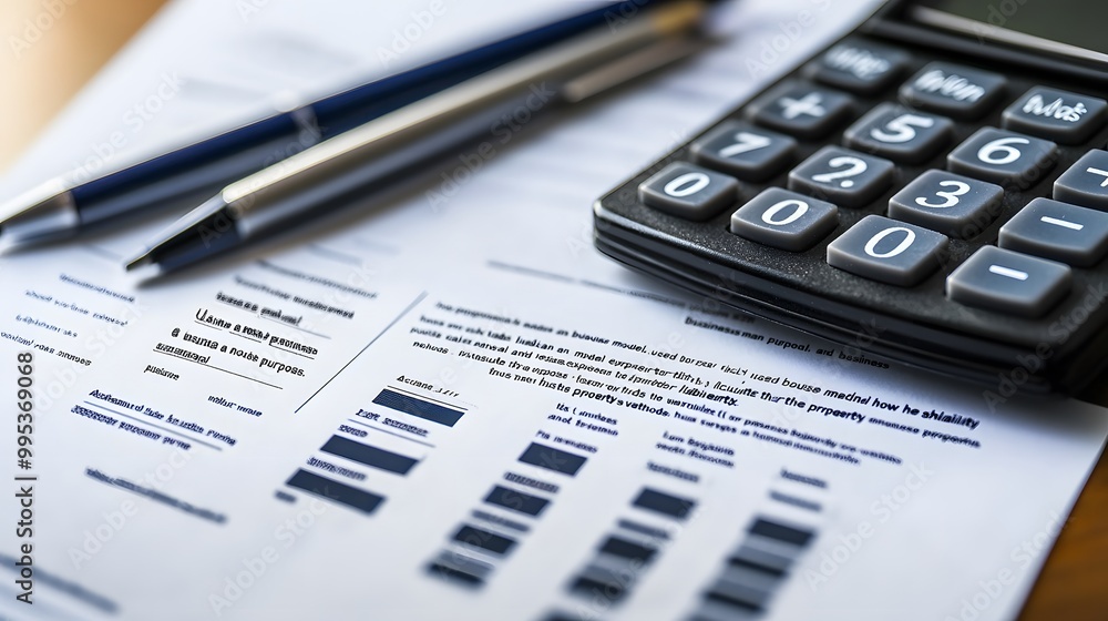 Calculator, Pen, and Business Documents on a Wooden Desk Calculator, Pen, and Business Documents on a Wooden Desk