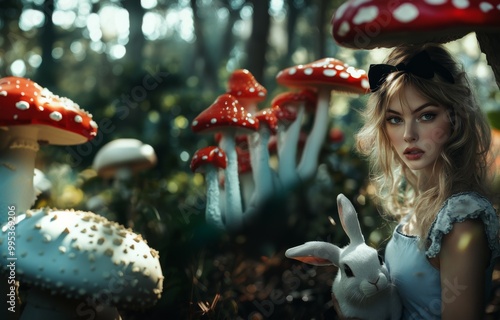 Female model, dressed like Alice from Alice in wonderland, holding a white rabbit. Wearing a blue dress and white apron. In mystical forest surrounded by giant mushrooms. Fairytale. Magical. Whimsical