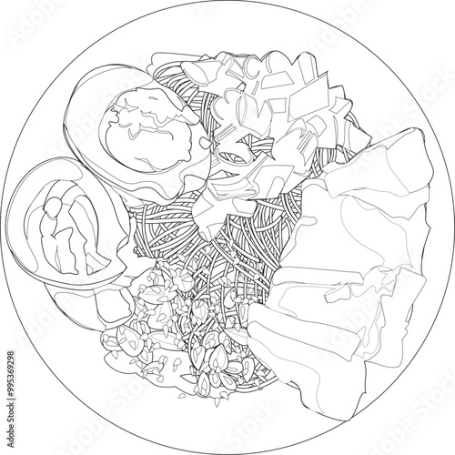 Vegetable summer salad vector in a round plate with tomatoes, cucumbers, beets, leaves, cucumbers, onions and herbs, healthy vegetarian food, black and white image, lines, coloring book